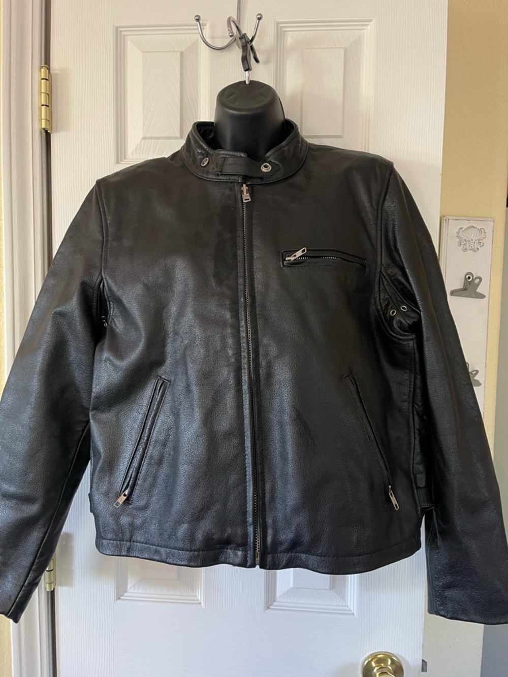 Classic Black Leather Jacket - Women's Zip Front Motorcycle Style
